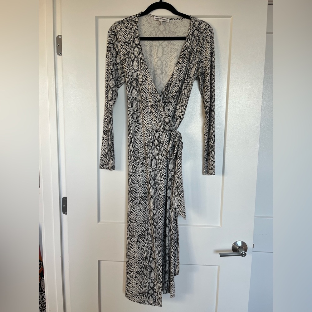 Good American Snake Print Wrap Dress | Python Print Midi | Flattering Tie Waist
